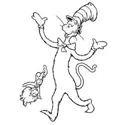 The Cat in the Hat waving with paws raised coloring page