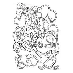 The Cat in the Hat riding a whimsical machine coloring page