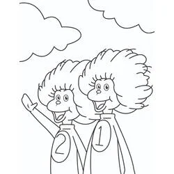 Thing One and Thing Two waving under clouds coloring page