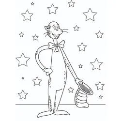 The Cat in the Hat holding his striped hat among stars coloring page