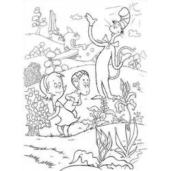 The Cat in the Hat waving to two children outdoors coloring page