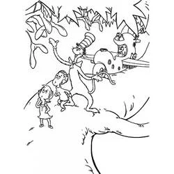 The Cat in the Hat with children on a big branch coloring page