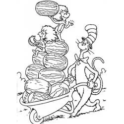 The Cat in the Hat pushing a wheelbarrow of watermelons coloring page