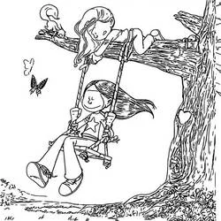 The Sisters on a tree branch swing coloring page