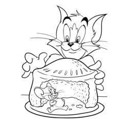 Tom watching Jerry inside a giant pie coloring page
