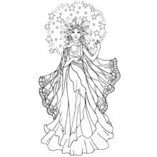 Angel with a starry halo and flowing gown coloring page