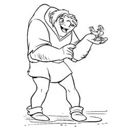 Giant hunchbacked man smiling at a little bird coloring page