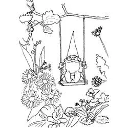 Gnome swinging on a garden swing coloring page