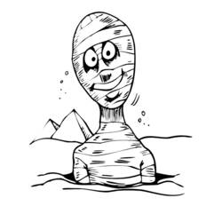 Mummy emerging from the sand with pyramids nearby coloring page