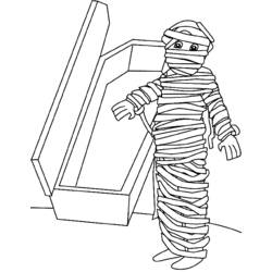 Mummy standing next to an open coffin coloring page