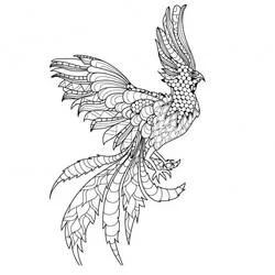 Phoenix with detailed feathers in flight coloring page