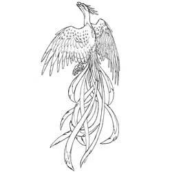 Phoenix with spread wings and long flowing tail feathers coloring page