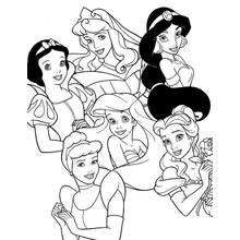 Princess group portrait with six faces coloring page