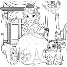 Princess Sofia surrounded by her animal friends coloring page