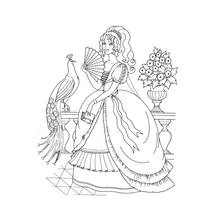 Princess with a peacock and fan coloring page