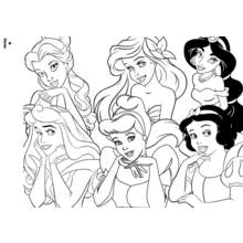 Princesses gathered together smiling coloring page