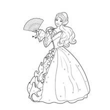 Princess Barbie holding a fan at the ball coloring page