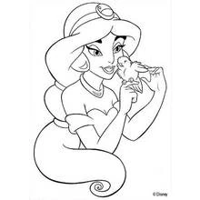 Princess Jasmine holding a little bird coloring page