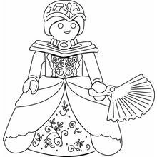Princess figure in ornate gown with fan coloring page