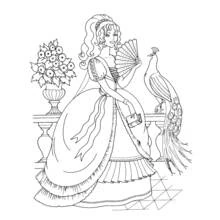 Princess with a fan and a peacock coloring page