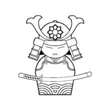 Samurai in traditional armor with helmet and sword coloring page