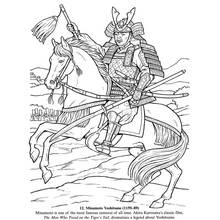Samurai warrior riding a horse with raised baton coloring page