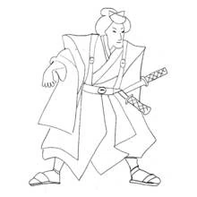 Samurai standing ready with sword at his belt coloring page