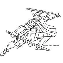 Samurai leaping into battle with two swords coloring page