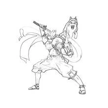 Samurai warrior striking a battle pose with wolf spirit coloring page