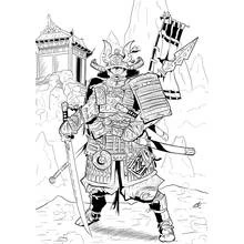 Samurai warrior standing with sword and banner coloring page
