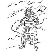 Samurai standing before mountains coloring page