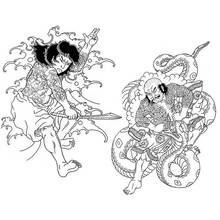 Samurai fighting a giant serpent coloring page