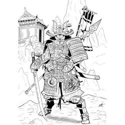 Samurai standing in armor with sword coloring page