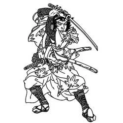Samurai in fighting stance with two swords coloring page