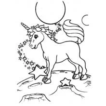 Unicorn standing on the moon with stars coloring page