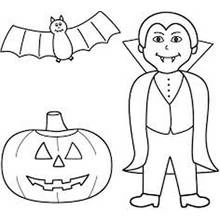 Vampire with bat and jack-o'-lantern coloring page