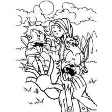 Werewolf howling with two children coloring page