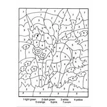 Unicorn standing in a forest by numbers coloring page