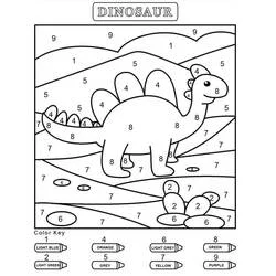 Stegosaurus color by number in a hilly landscape coloring page