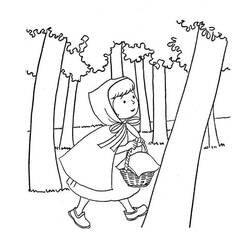 Red Riding Hood with wicker basket walking coloring page