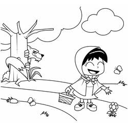 Little Red Riding Hood walking with the wolf hiding behind a tree coloring page