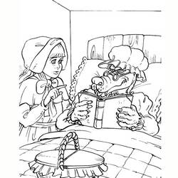 Little Red Riding Hood by the wolf's bed coloring page