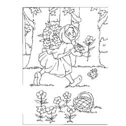 Red Riding Hood with butterfly in forest coloring page