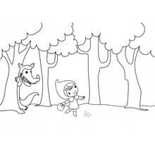 Little Red Riding Hood walking through the forest coloring page