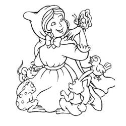 Little Red Riding Hood surrounded by forest animals coloring page