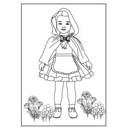 Little Red Riding Hood standing among flowers coloring page