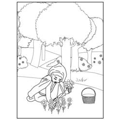 Little Red Riding Hood picking flowers in the forest coloring page