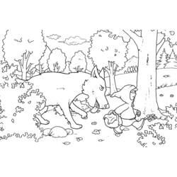 Little Red Riding Hood walking with the wolf in the forest coloring page
