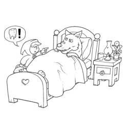 Little Red Riding Hood pointing at the wolf in bed coloring page