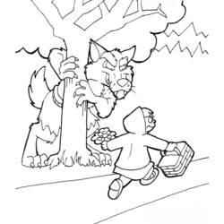 Little Red Riding Hood walking as the wolf hides behind a tree coloring page